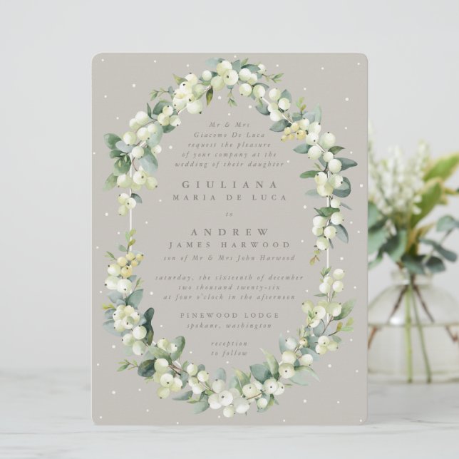 Große griechische Snowberry+Eukalyptus Wedding Einladung (Stehend Vorderseite)