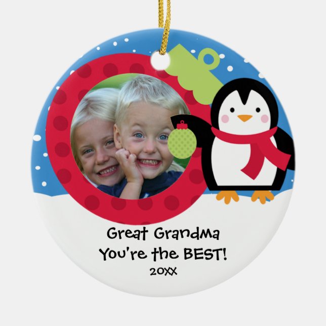 Große Großmutter-Fotopenguin-Weihnachtsverzierung Keramikornament (Vorne)