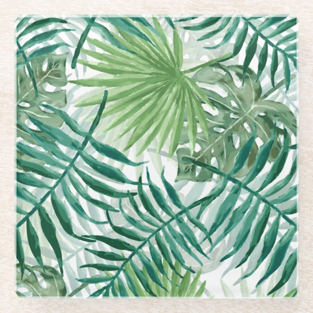 Große grüne Farn-Palme und Monstera tropische Glasuntersetzer (Vorderseite)