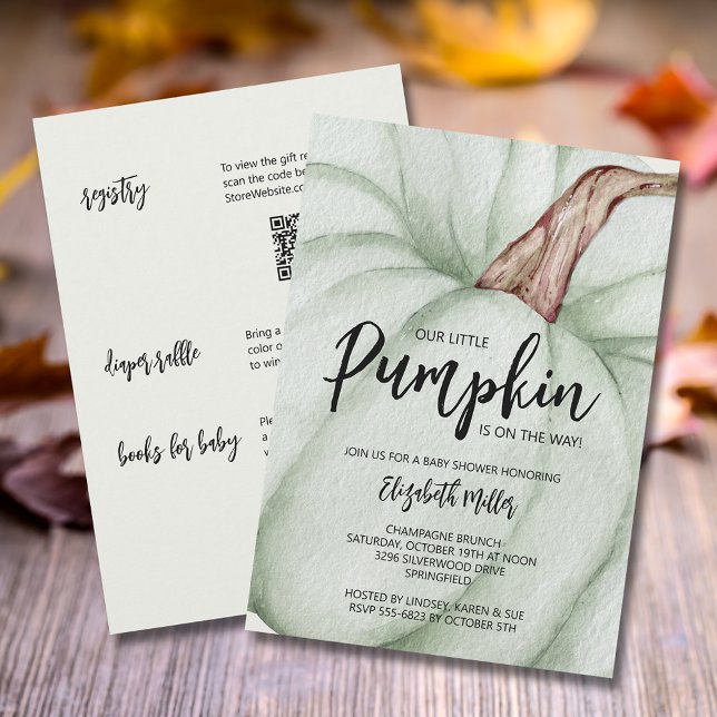 Große grüne Pumpkin-Kinderdusche Einladung (Green pumpkin baby shower all in one invitations,  registry, diaper raffle & books for baby on back)