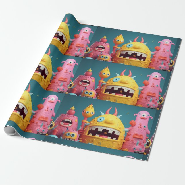 Große Gruppe farbenfroher Monster Geschenkpapier (Ungerollt)
