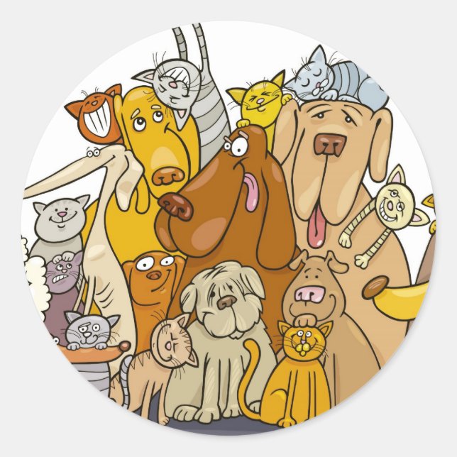 große Gruppe von Katzen und Hunden Runder Aufkleber (Vorderseite)