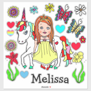 Große handgezeichnete Prinzessin und Einhorn und  Aufkleber