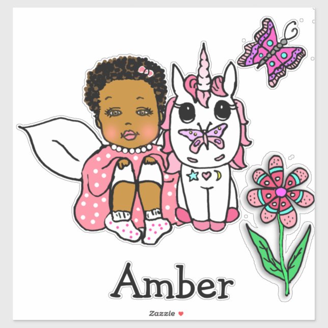 Große handgezogene Ethnic Fairy, Einhorn und Name Aufkleber (Blatt)