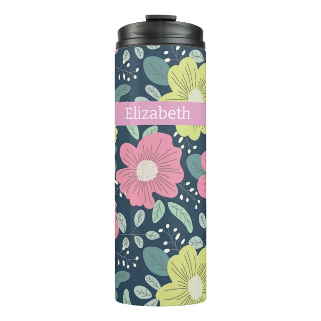 Große helle Blumen dunkel personalisiert Thermosbecher (Vorderseite)