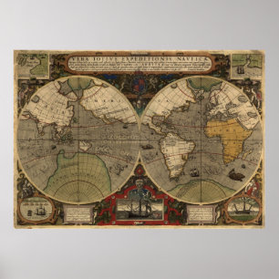 Große historische Karte "1595 World Map of Hondius Poster