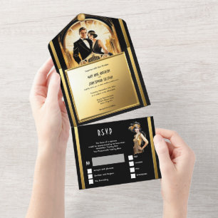 Große Hochzeitsfeier in den zwanziger Jahren Bräut All In One Einladung