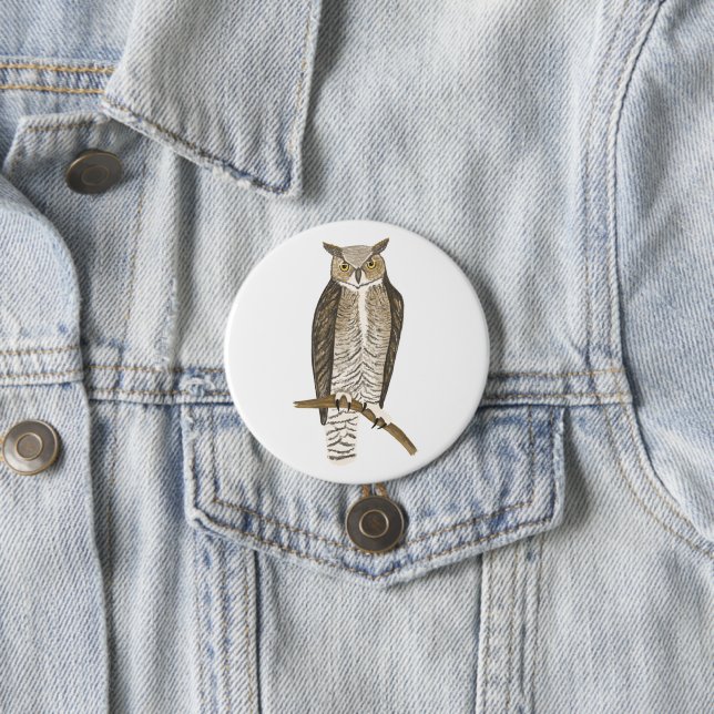 Große Horned Owl Farbige Stift Kunst Button (Beispiel)