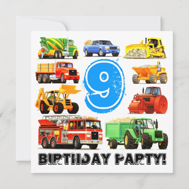Große Lastwagen 9. Geburtstagsparty Einladung (Vorderseite)