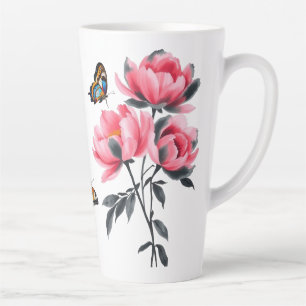 Große Latte-Tasse - Rosa Peony-Blume, Schmetterlin Milchtasse