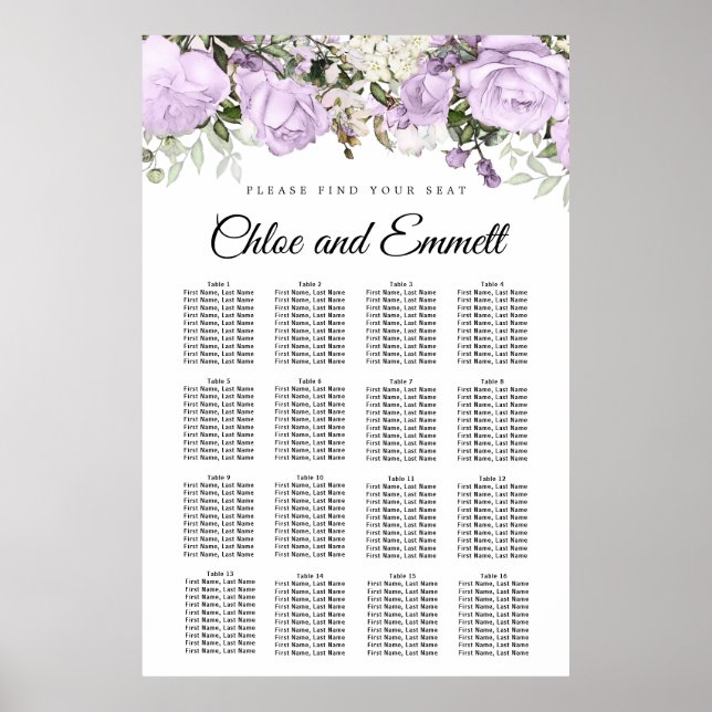 Große Lila 16-Tisch-Hochzeitskarte Poster (Vorne)