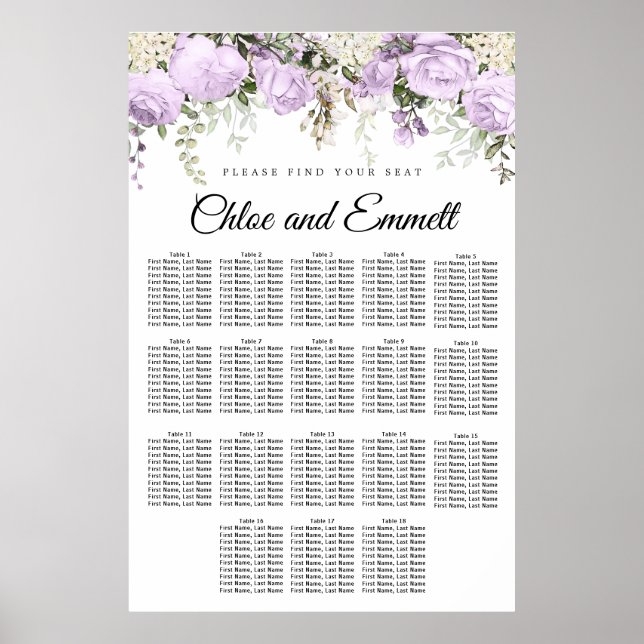 Große Lila 18-Tisch Hochzeitskarte mit 18 Sitzplät Poster (Vorne)