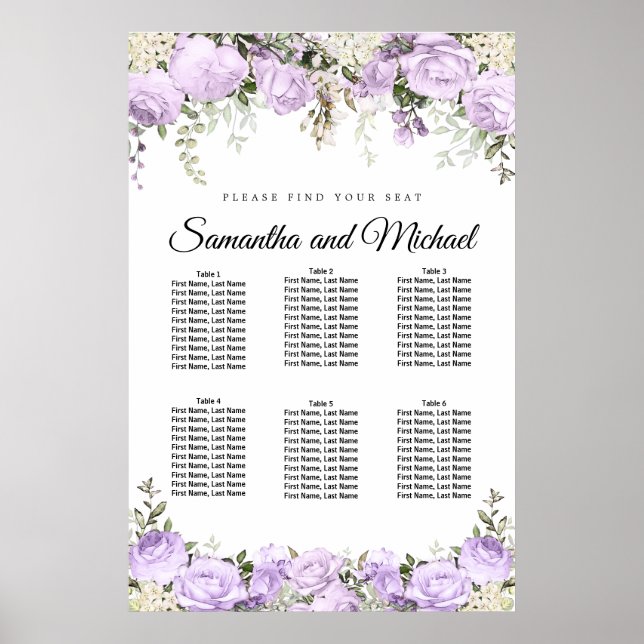 Große Lila, florale 6-Tisch-Hochzeitskarte Poster (Vorne)