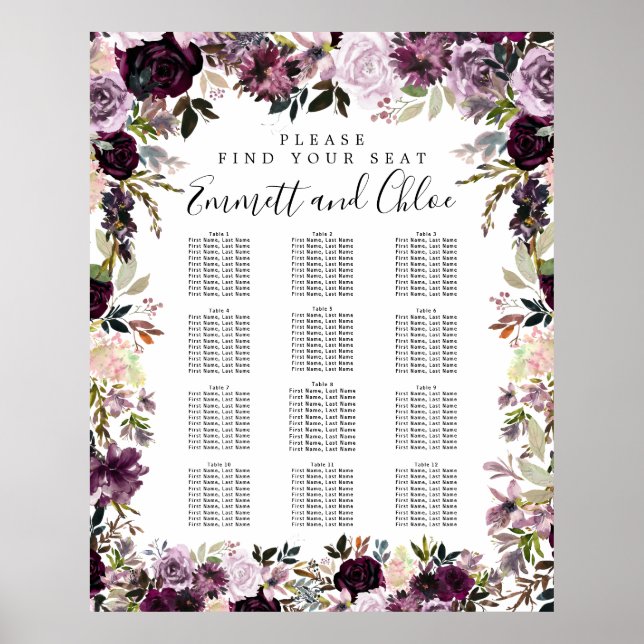 Große Lila rosa, florale 12-Tisch-Sitzkarte Poster (Vorne)