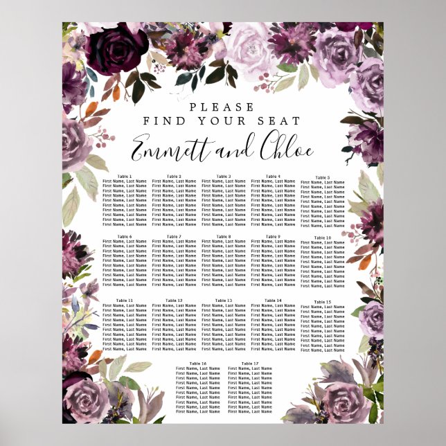 Große Lila rosa, florale 17-Tisch-Sitzkarte Poster (Vorne)