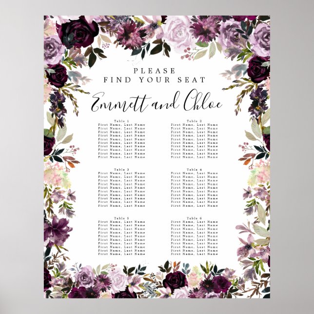 Große, Lila rosa, florale 6-Tisch-Sitzkarte Poster (Vorne)