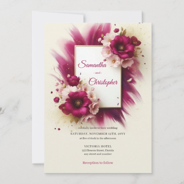 Große Magenta-Blume und Goldrahmen-Hochzeit Einladung (Vorderseite)