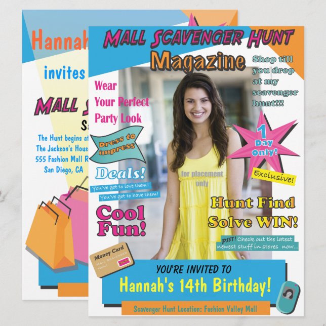 Große Mall Scavenger Hunt Birthday Magazine Cover Einladung (Vorne/Hinten)