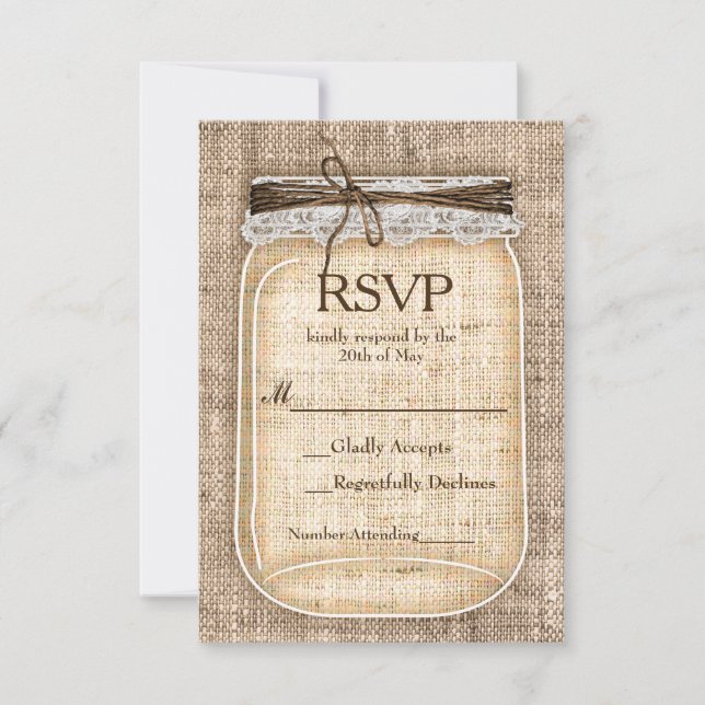 Große Mason Jar & Burlap Lace Rustic Wedding RSVP (Vorderseite)