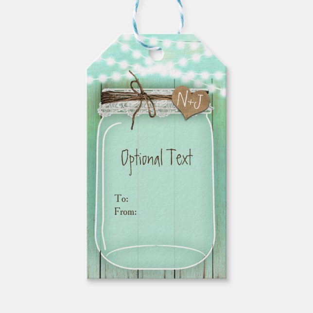 Große Mason Jar & Lights Mint Rustikale Hochzeit Geschenkanhänger (Vorderseite)