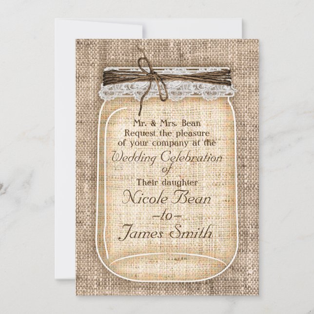 Große Mason Jar mit Burlap & Lace Rustikale Hochze Einladung (Vorderseite)