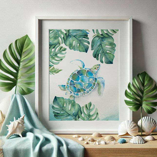 Große Meeresschildkröte und Monstera-Blätter Poster (Beach pictures tropical watercolor sea turtle drawing art by Victoria Grigaliunas Do Tell A Belle)