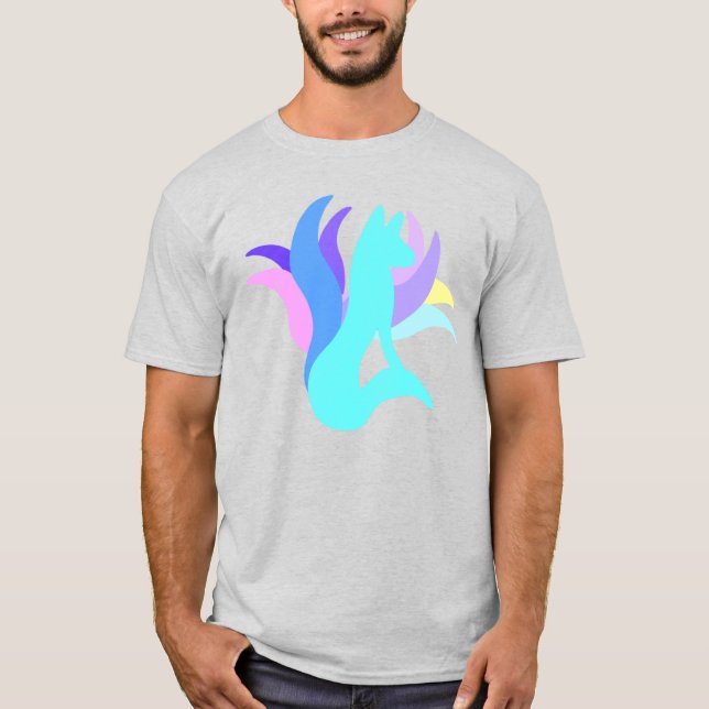 Große mehrfarbige blaue Abstrakte Ninetails Fox T-Shirt (Vorderseite)