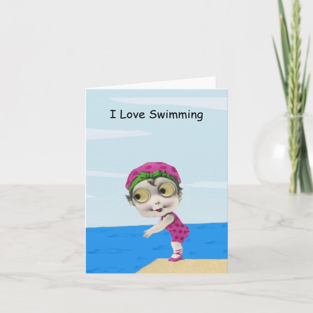 Große mit Augen Mädchen-Schwimmer-Anmerkungs-Karte Karte (Vorderseite)