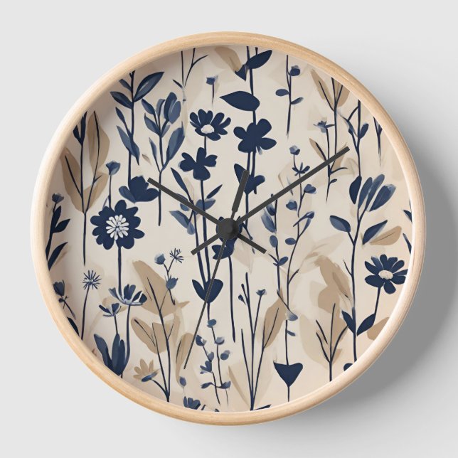 Große moderne Nave Blue-Wildblume Uhr (Vorderseite)
