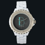 Große Monogramm und Name, Aquamarin/weiß, schwarz Armbanduhr<br><div class="desc">Personalisieren Sie dieses stilvolle und einfache Textdesign mit Ihrem Namen in weiß und Ihrem großen Monogramm in Aquamarin auf schwarzem Hintergrund.</div>