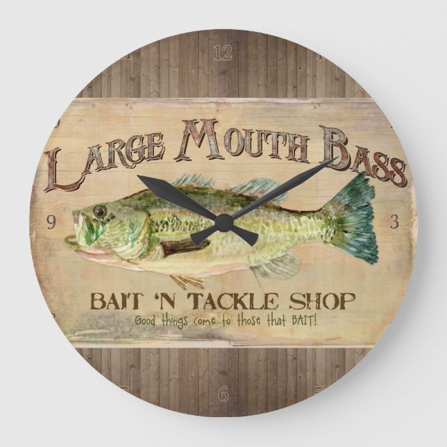 Große Mouth Bass Fisherman Cabin Wood Boards Wanduhr (Vorderseite)