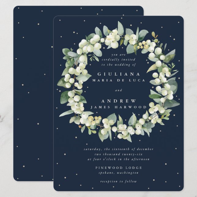 Große Navy Snowberry+Eucalyptus Wreath Wedding Einladung (Vorne/Hinten)