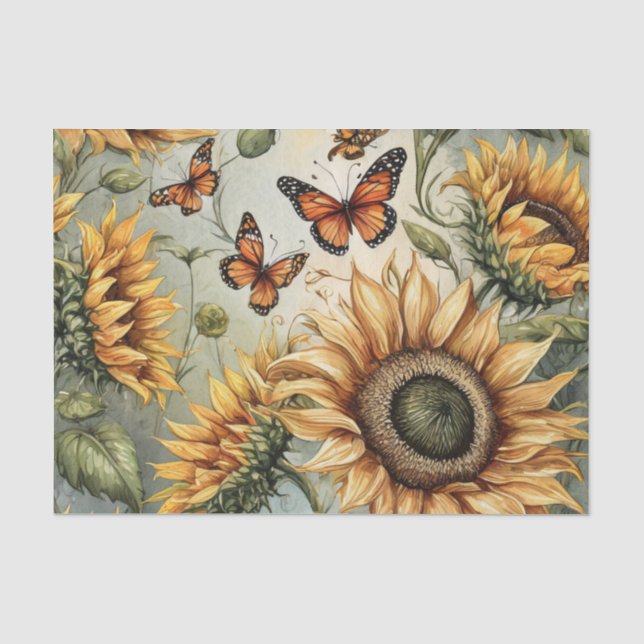 Große offene Sonnenblumen mit monarchischen Schmet Seidenpapier (Vorderseite)