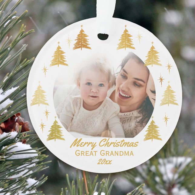 Große Oma Weihnachten Foto Weiß und Gold Ornament (With your great grandma a merry christmas with a photo ornament keepsake)