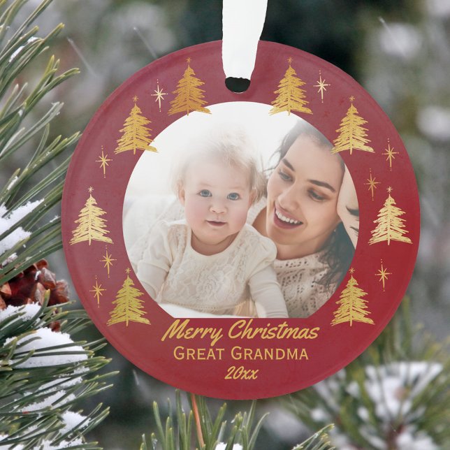 Große Oma Weihnachts-Foto Rot und Gold Ornament (Photo ornament to wish Great Grandma a merry christmas)
