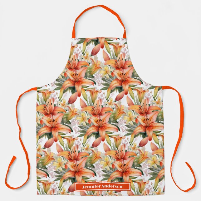 Große Orange Tiger Stargazer Lily Floral Schürze (Vorderseite)