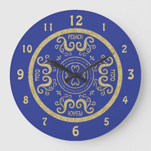 Große Pessach-Rundschau "Blue, Gold Elegante" Wanduhr (Vorderseite)