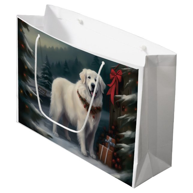 Große Pyrenäen Hund im Schnee Weihnachten Große Geschenktüte (Vorderseite Schrägansicht)