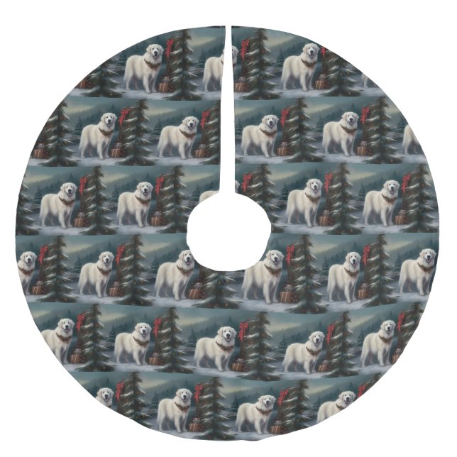 Große Pyrenäen Hund im Schnee Weihnachten Polyester Weihnachtsbaumdecke (Vorderseite)