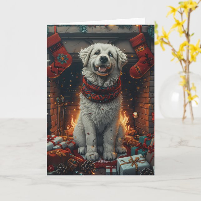 Große Pyrenäen Hund mit Weihnachtsgeschenken Feuer Karte (Gelbe Blume)