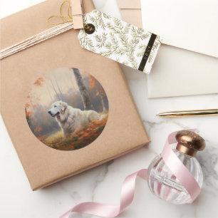 Große Pyrenäen im Herbst Leaves Fall Inspiriert Runder Aufkleber