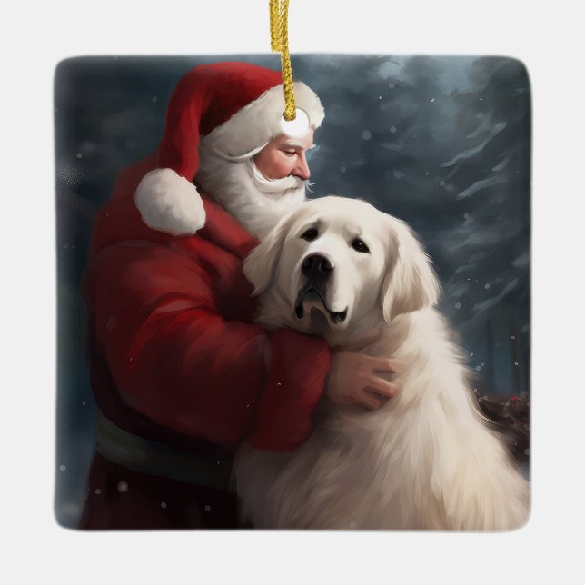 Große Pyrenäen mit dem Weihnachtsmann Weihnachten Keramikornament (Vorderseite)