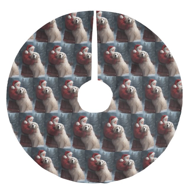 Große Pyrenäen mit dem Weihnachtsmann Weihnachten Polyester Weihnachtsbaumdecke (Vorderseite)