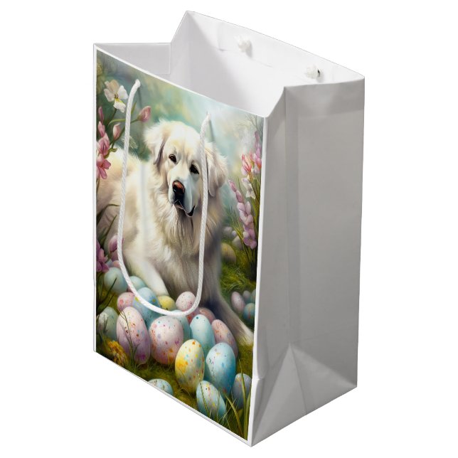 Große Pyrenäen mit Ostereiern Mittlere Geschenktüte (Vorderseite Schrägansicht)