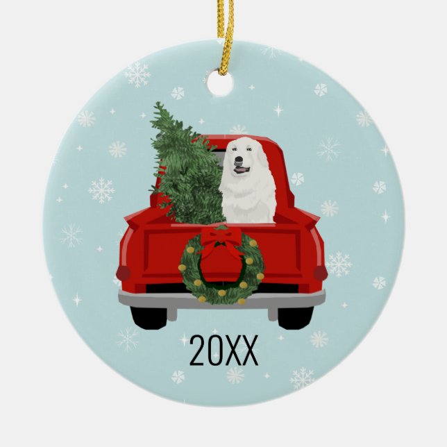 Große Pyrenäen Weihnachten Roter Truck Keramik Ornament (Vorne)