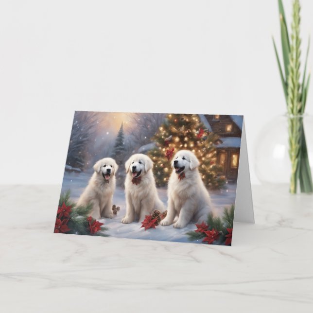Große Pyrenäen Welpen 4 Winter Xmas Szene Karte (Vorderseite)