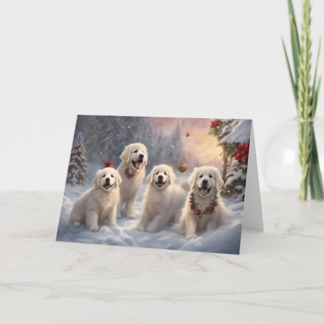 Große Pyrenäen Welpen 5 Winter Xmas Szene Karte (Vorderseite)