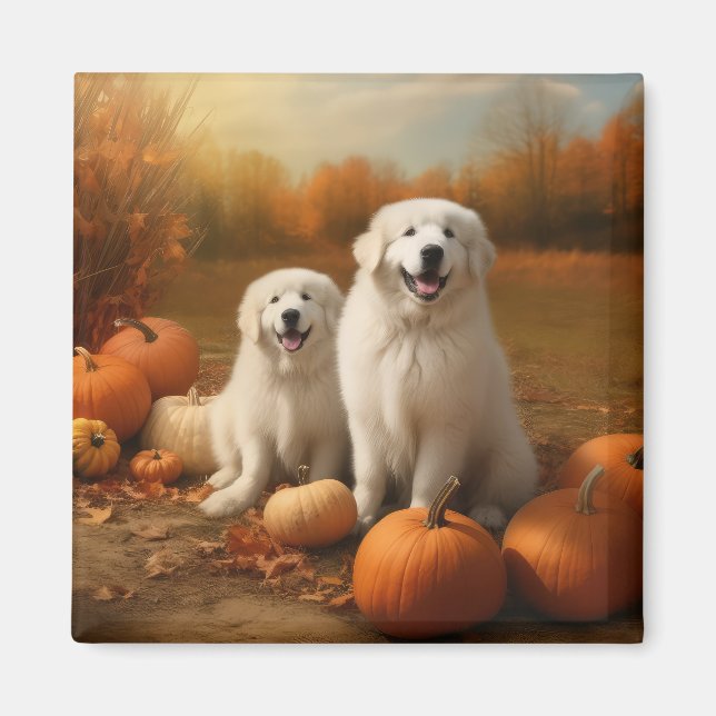 Große Pyrenäen Welpen Herbst Kürbis Magnet (Vorne)