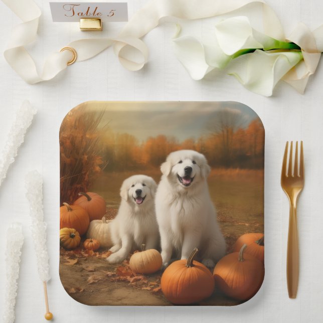 Große Pyrenäen Welpen Herbst Kürbis Pappteller (Hochzeit)