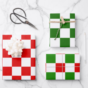 Große Retro-Checkerboard Rot und Grün Weihnachten Geschenkpapier Set